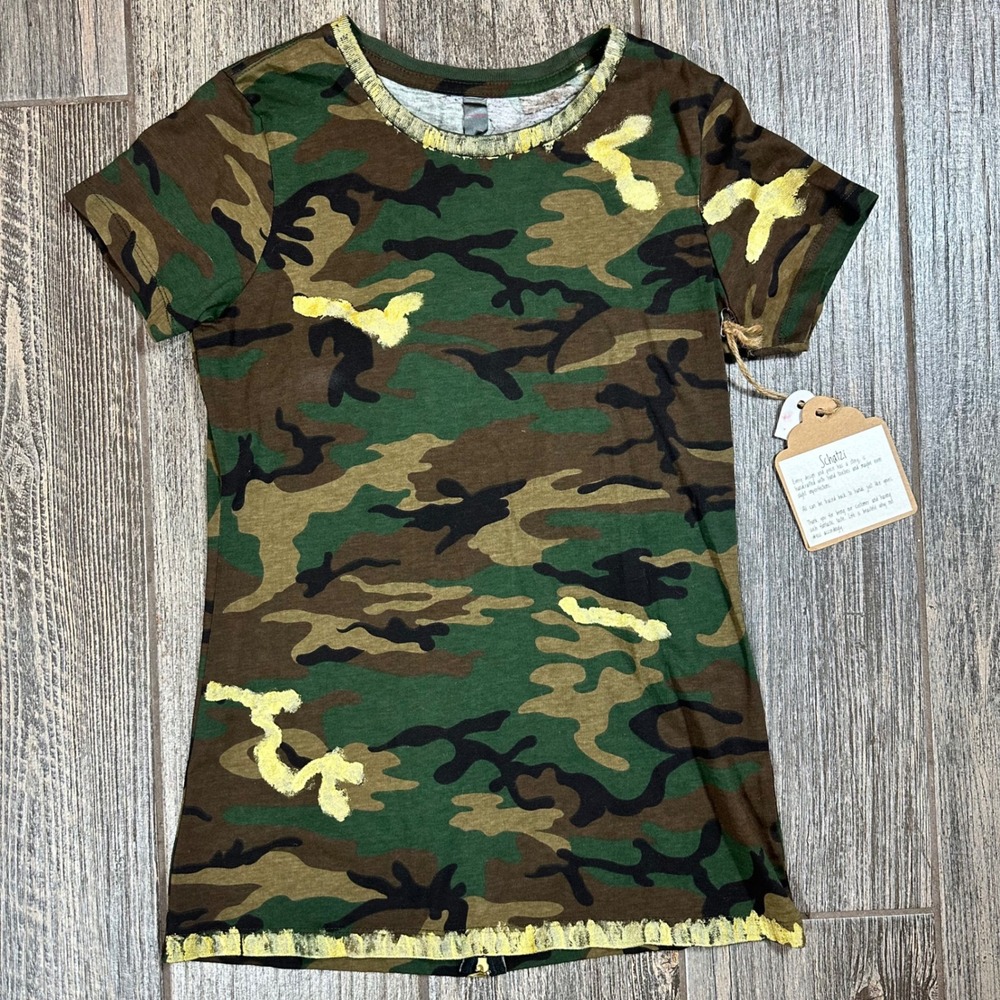 Schatzi Camo T Shirt Women's Small Green Army Military Print Distressed